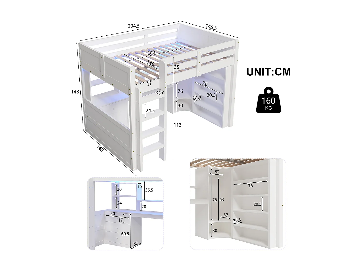 Lit mezzanine pour enfant - 140 x 200 cm - avec Leds + armoire + bureau + tiroirs + étagère de rangement - bois - blanc