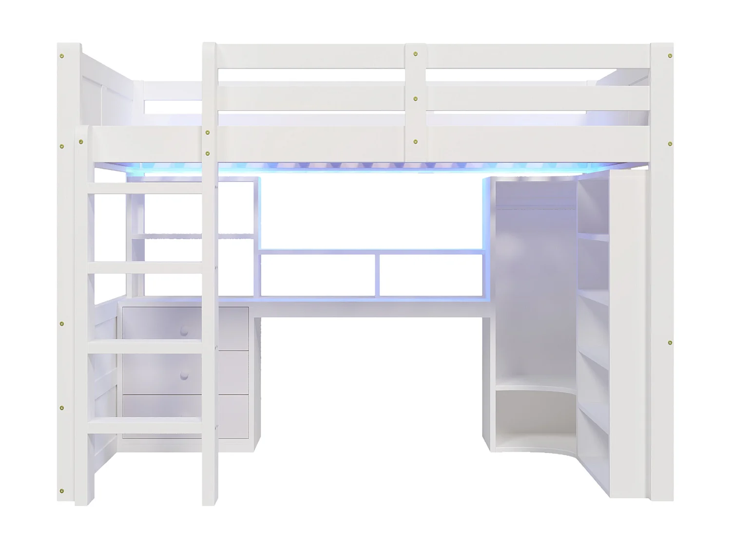 Lit mezzanine pour enfant - 140 x 200 cm - avec Leds + armoire + bureau + tiroirs + étagère de rangement - bois - blanc