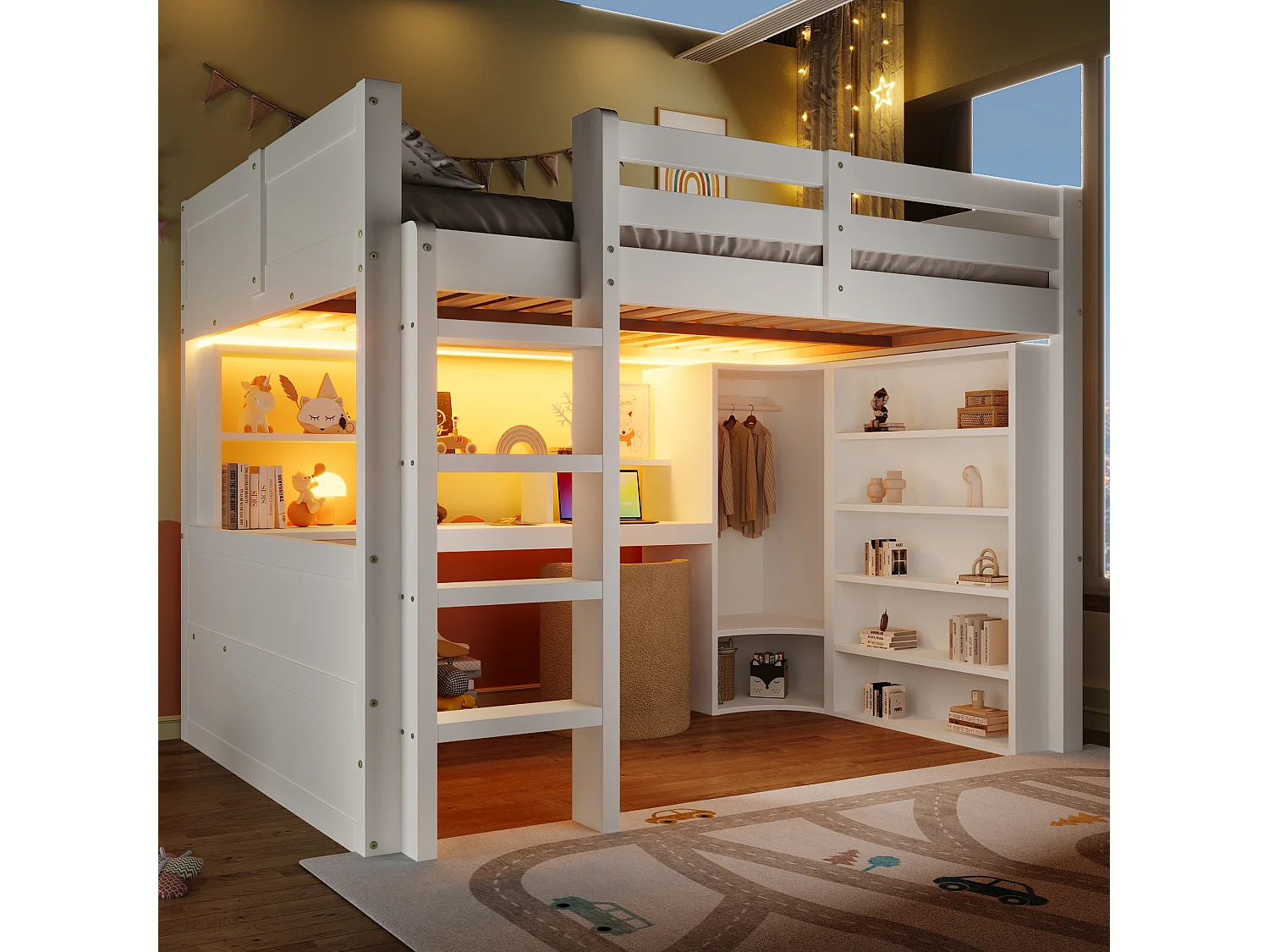 Letto a soppalco per bambini - 140 x 200 cm - con LED + armadio + scrivania + cassetti + ripiano portaoggetti - legno - bianco