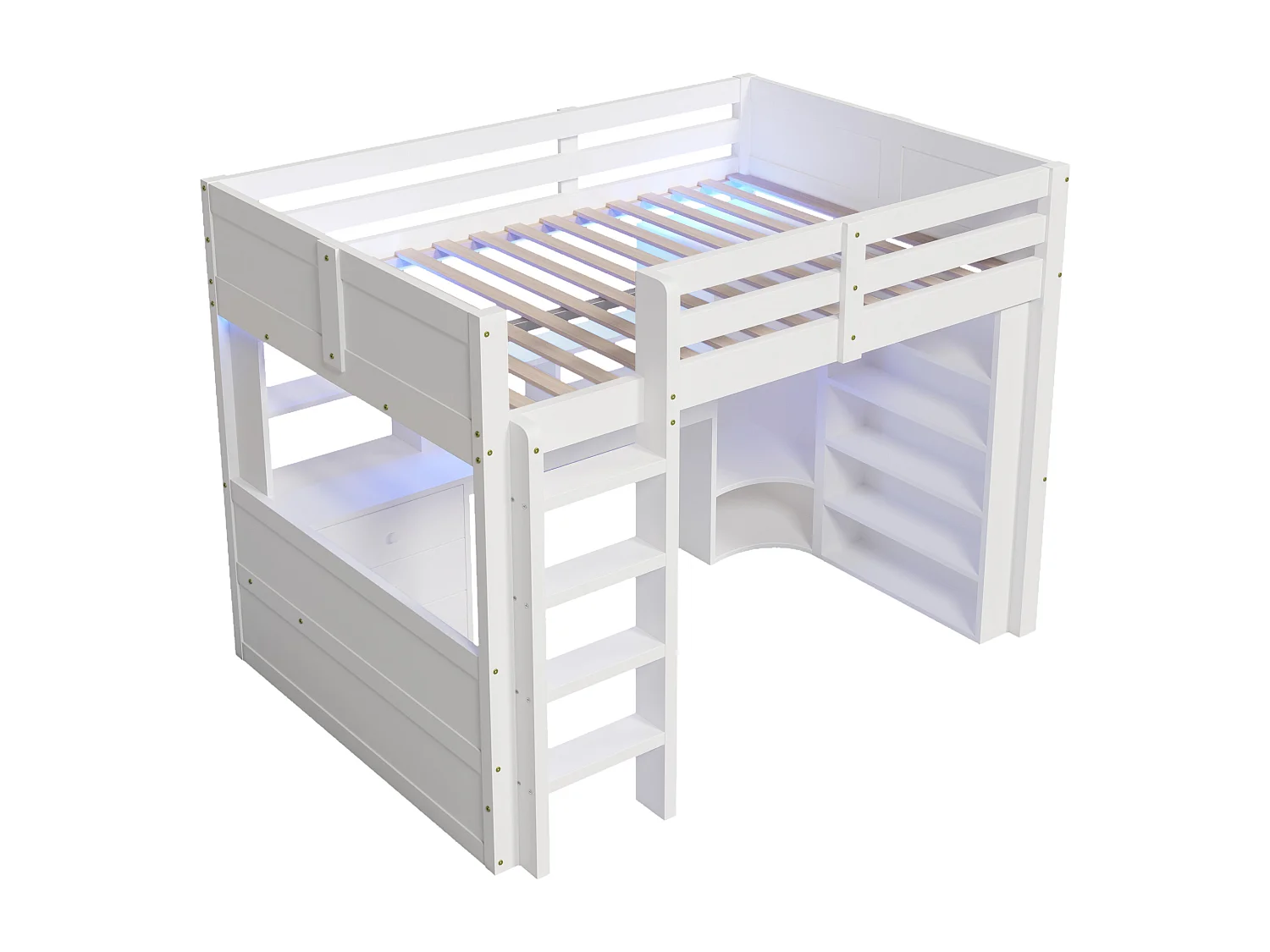 Letto a soppalco per bambini - 140 x 200 cm - con LED + armadio + scrivania + cassetti + ripiano portaoggetti - legno - bianco