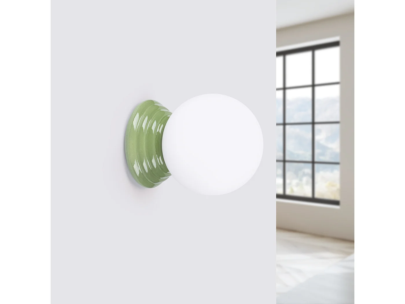 Applique minimaliste en céramique émaillée/verre - 1 sources lumineuses - L.12 x H.12 cm - vert olive