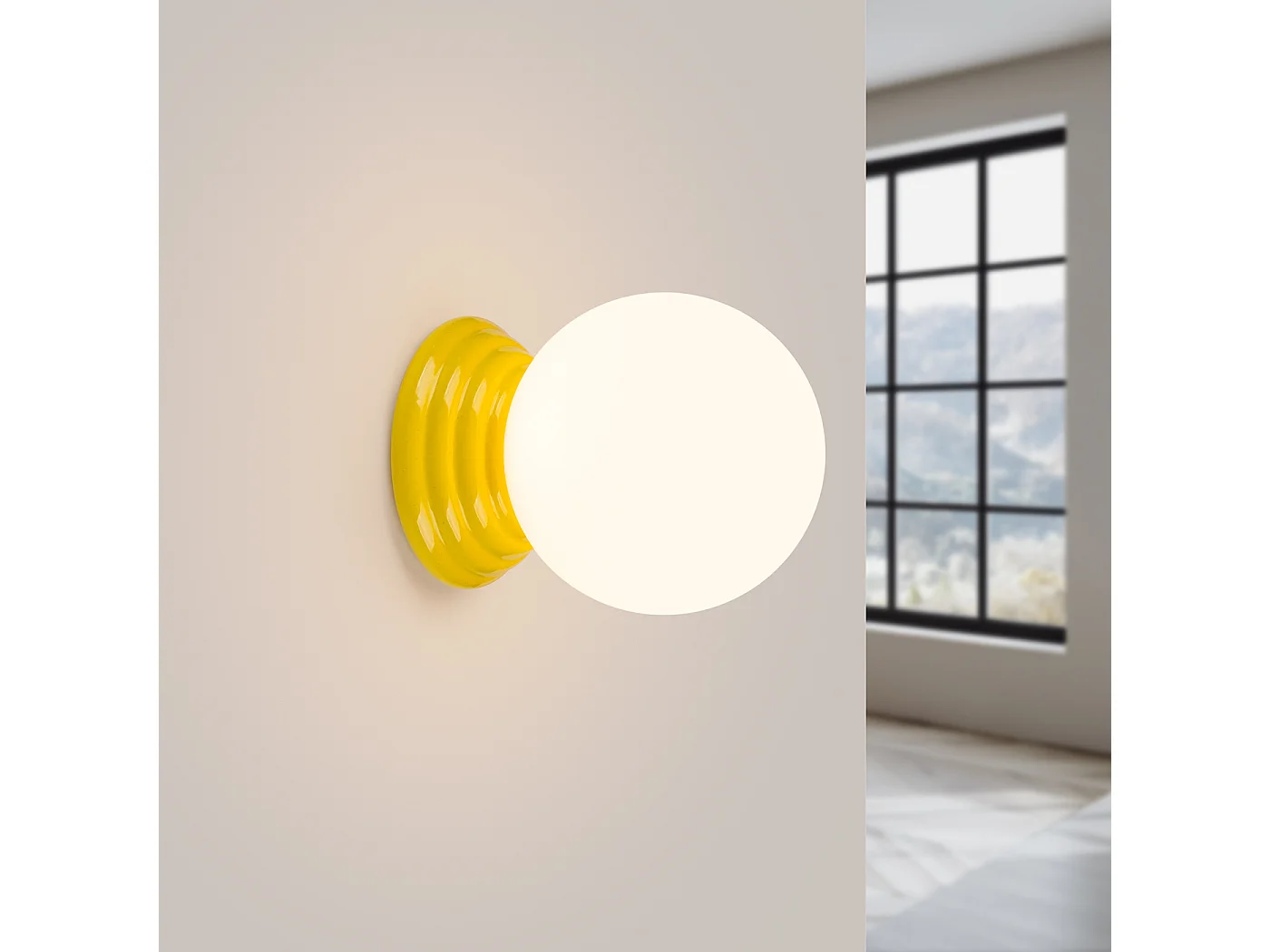 Applique minimaliste en céramique émaillée/verre - 1 sources lumineuses - L.12 x H.12 cm - jaune