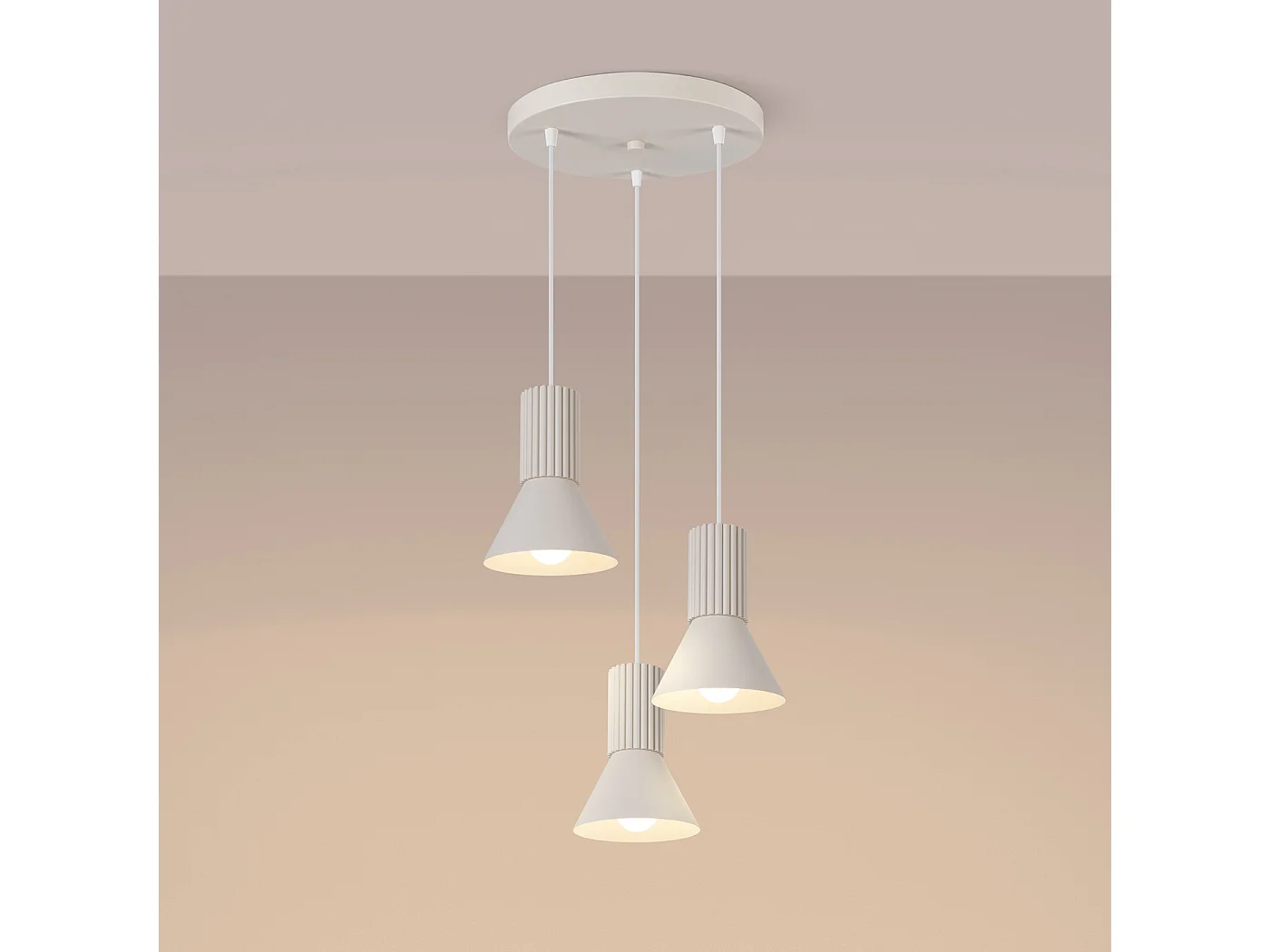 Lampe suspendue grenier en acier/aluminium - 3 sources lumineuses - L.30 x H.120 cm - beige