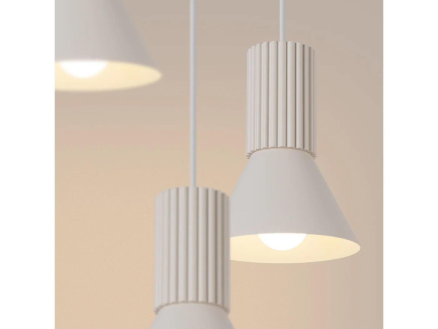 Lampe suspendue grenier en acier/aluminium - 3 sources lumineuses - L.30 x H.120 cm - beige