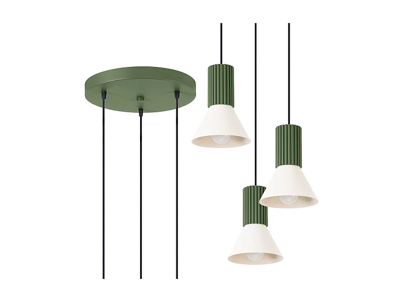Lampe suspendue grenier en acier/aluminium - 3 sources lumineuses - L.30 x H.120 cm - beige/vert olive