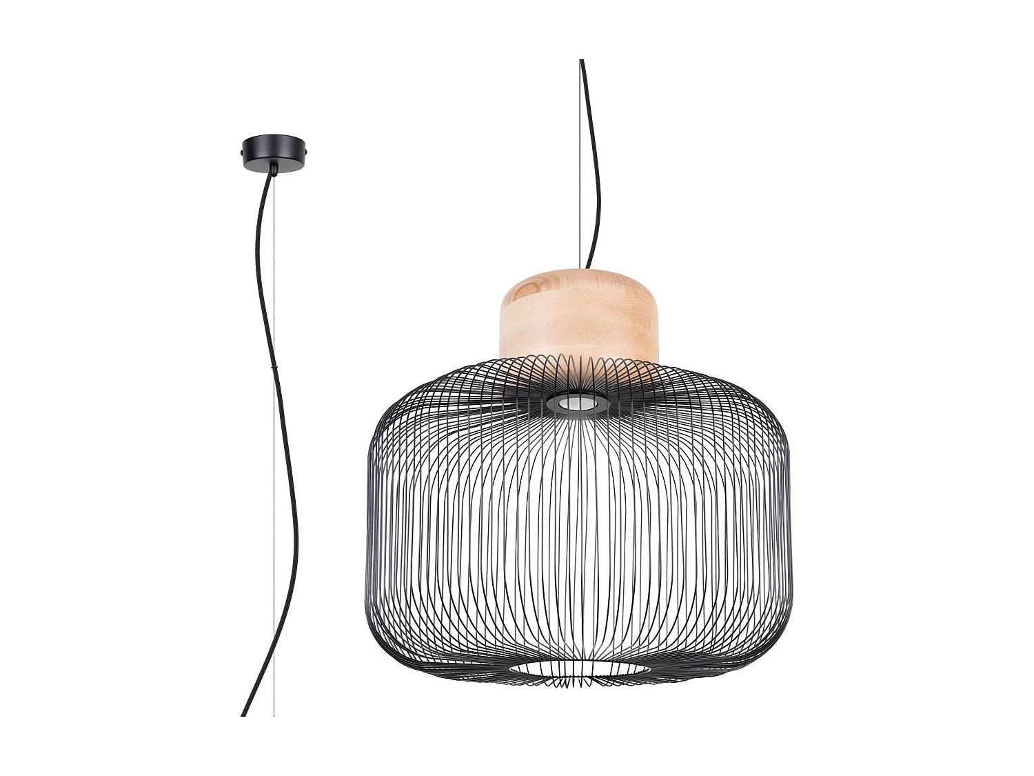 Hängelampe Gabbia Industrie aus  Stahl/Holz - 1 lichtquellen - L.55 x H. cm - schwarzes/naturfarbenes Holz