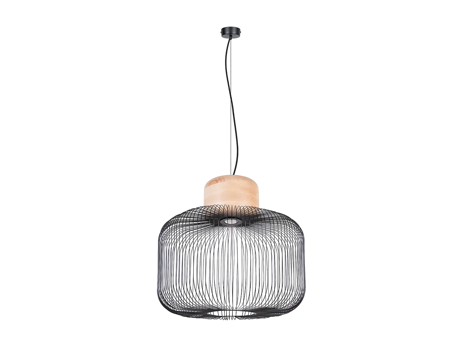 Hängelampe Gabbia Industrie aus  Stahl/Holz - 1 lichtquellen - L.55 x H. cm - schwarzes/naturfarbenes Holz