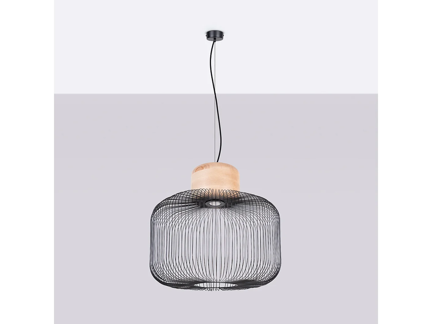 Hängelampe Gabbia Industrie aus  Stahl/Holz - 1 lichtquellen - L.55 x H. cm - schwarzes/naturfarbenes Holz