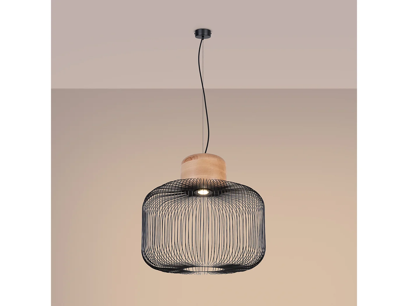 Hängelampe Gabbia Industrie aus  Stahl/Holz - 1 lichtquellen - L.55 x H. cm - schwarzes/naturfarbenes Holz