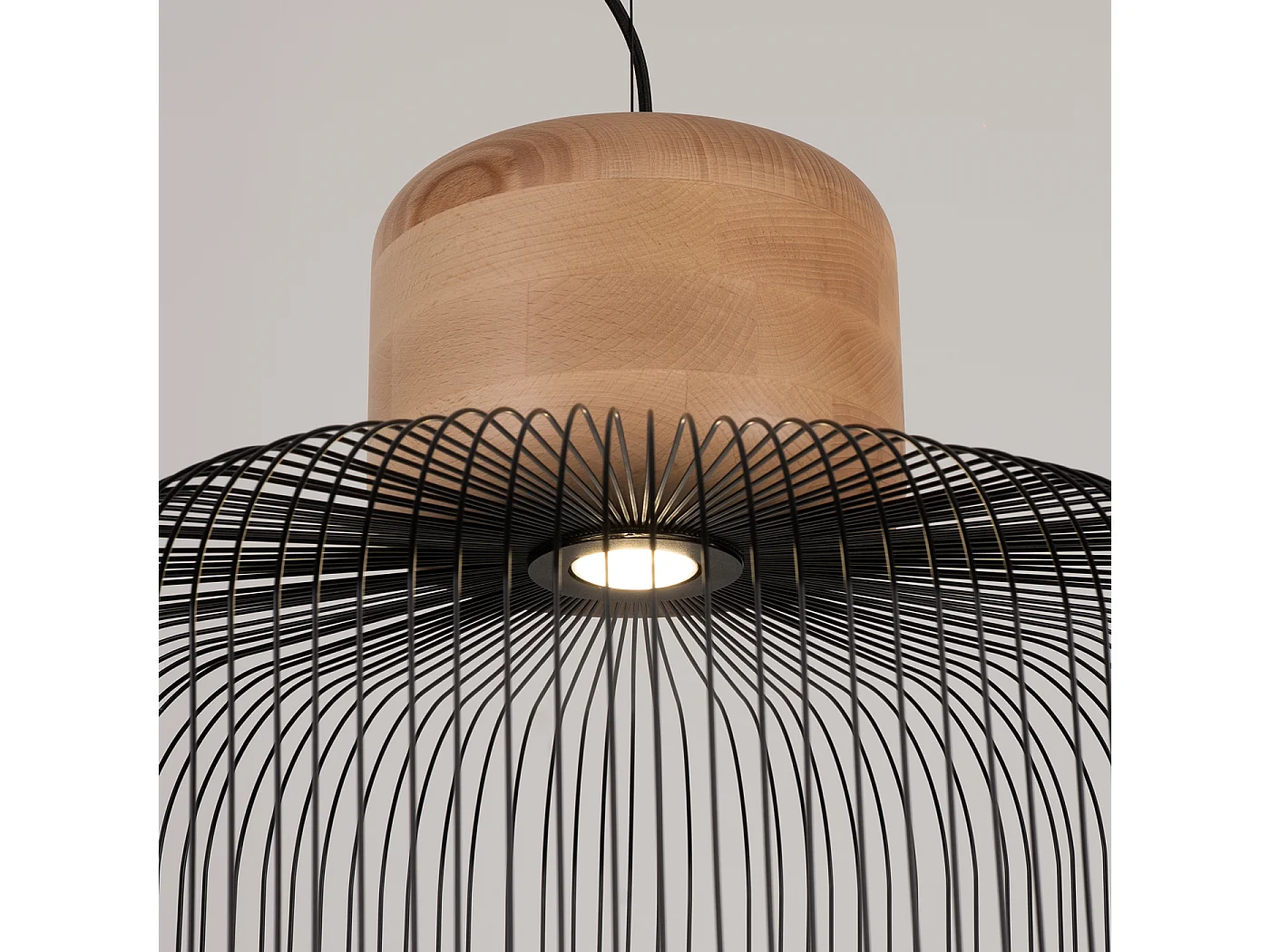 Hängelampe Gabbia Industrie aus  Stahl/Holz - 1 lichtquellen - L.55 x H. cm - schwarzes/naturfarbenes Holz