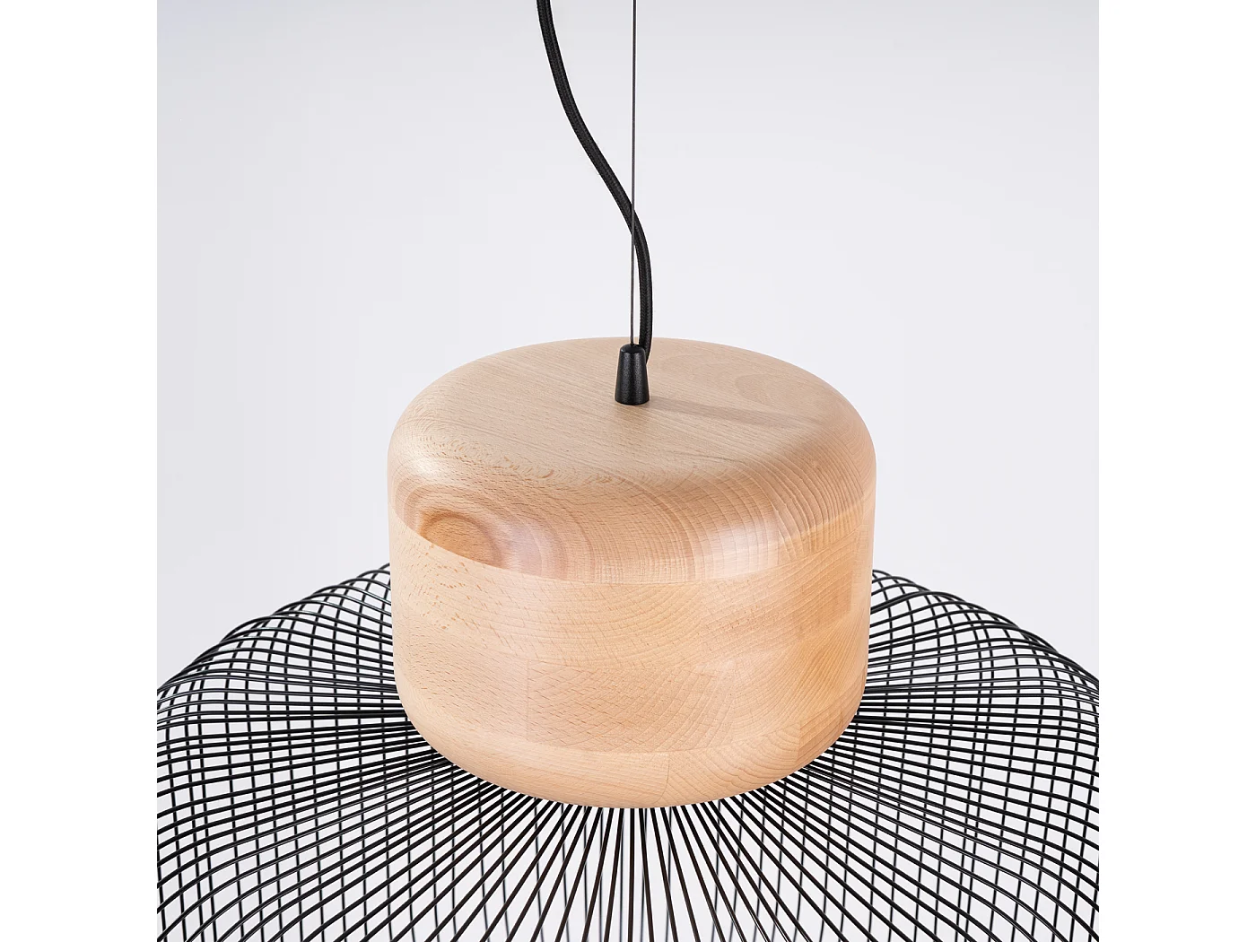 Hängelampe Gabbia Industrie aus  Stahl/Holz - 1 lichtquellen - L.55 x H. cm - schwarzes/naturfarbenes Holz