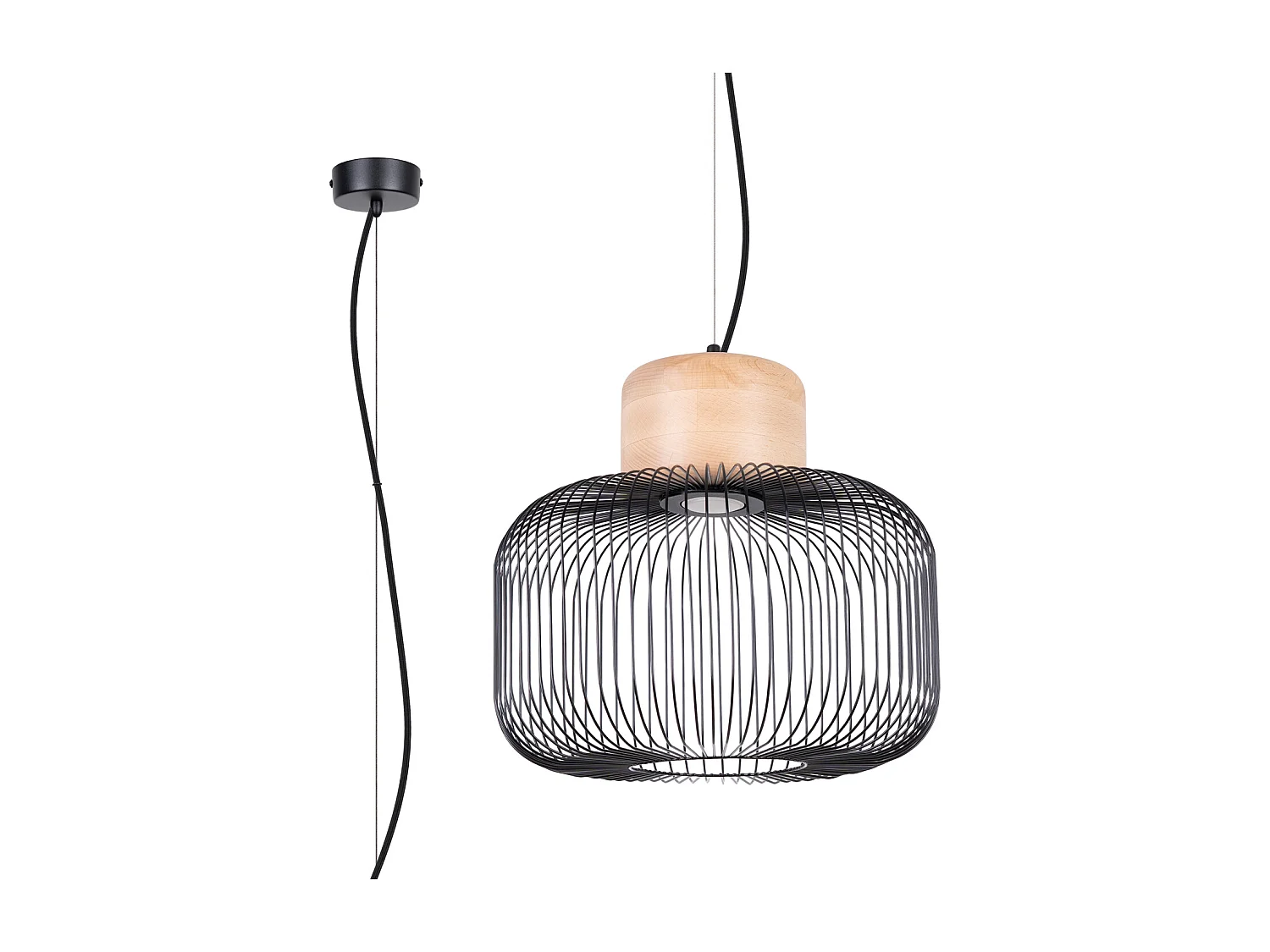 Candeeiro suspenso Gabbia industrial, aço/madeira - 1 lichtbronnen - L.35 x H.183 cm - madeira preta/natural