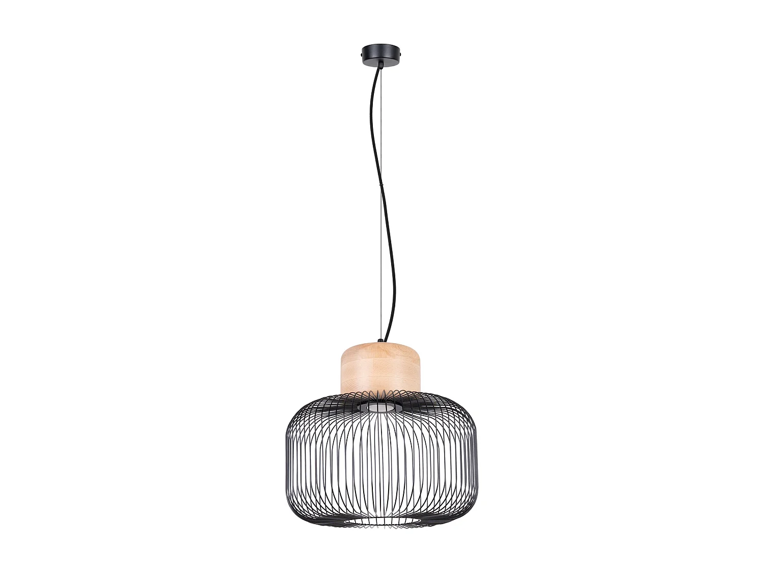 Candeeiro suspenso Gabbia industrial, aço/madeira - 1 lichtbronnen - L.35 x H.183 cm - madeira preta/natural