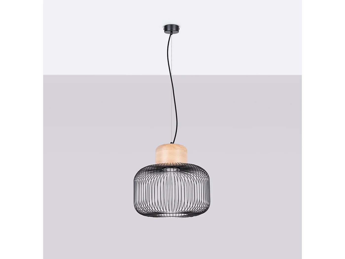 Candeeiro suspenso Gabbia industrial, aço/madeira - 1 lichtbronnen - L.35 x H.183 cm - madeira preta/natural