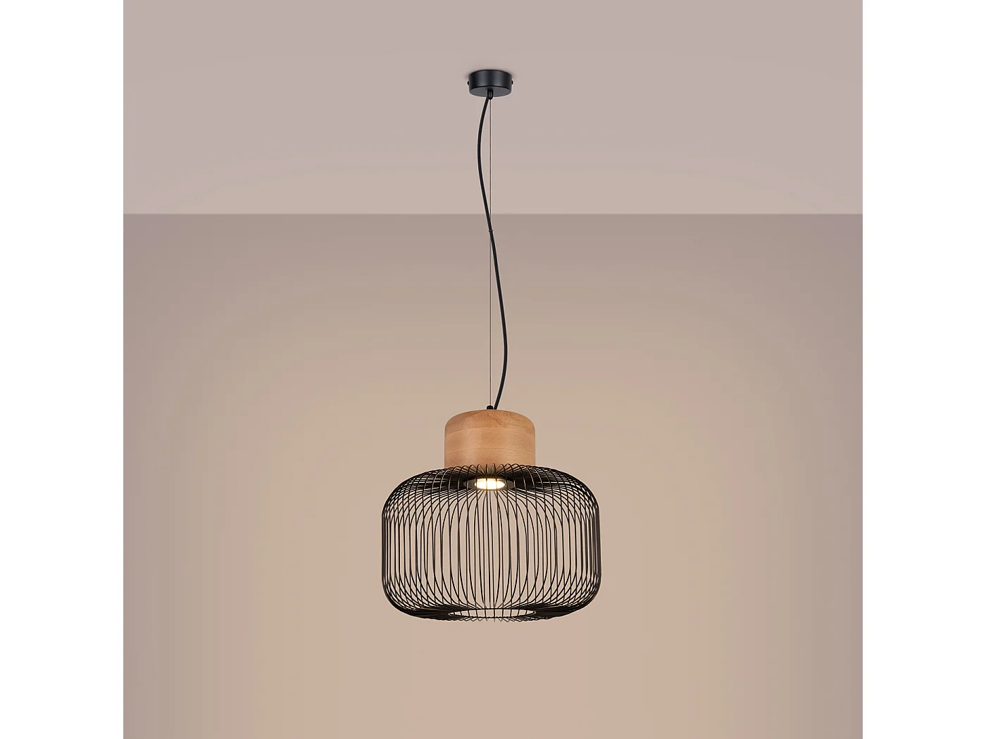 Candeeiro suspenso Gabbia industrial, aço/madeira - 1 lichtbronnen - L.35 x H.183 cm - madeira preta/natural