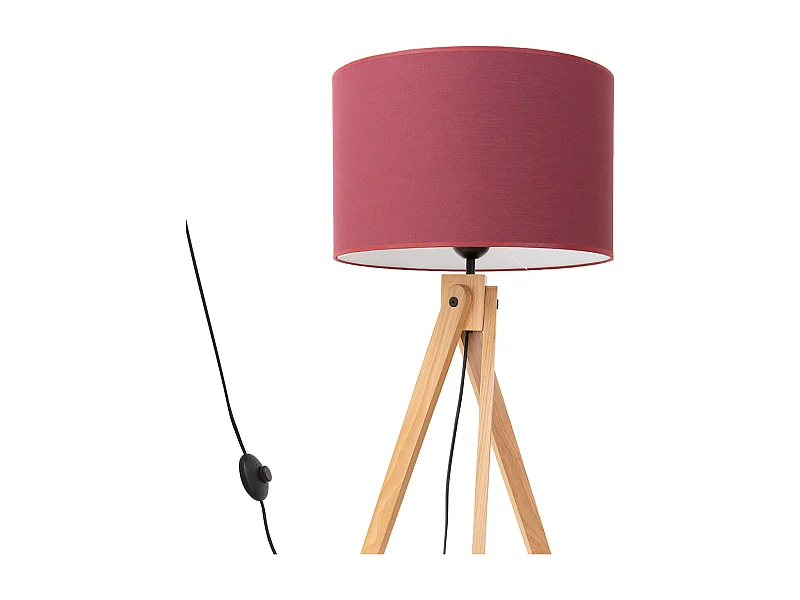 Candeeiro de pé Natt moderno, tecido/PVC/madeira - 1 lichtbronnen - L.77 x H.140 cm - Borgonha/madeira natural