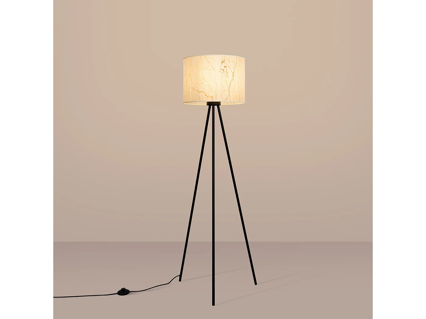 Lampadaire minimaliste en tissu/PVC/acier - 1 sources lumineuses - L.40 x H.135 cm - marbre beige/noir