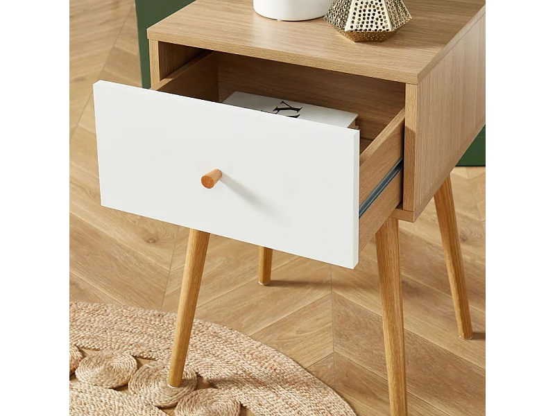 Table de chevet HORTENSE blanc et effet chêne 40cm