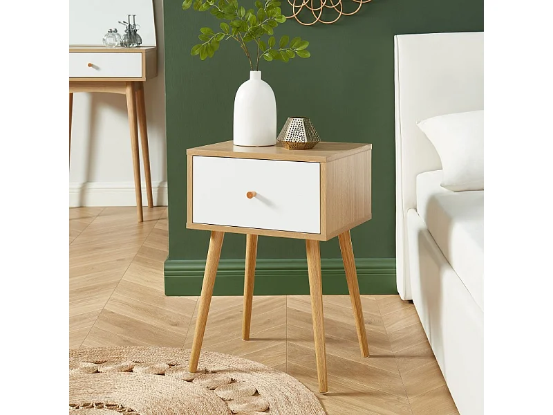 Table de chevet HORTENSE blanc et effet chêne 40cm