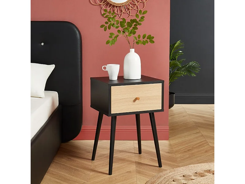 Table de chevet HORTENSE coloris noir et effet chêne