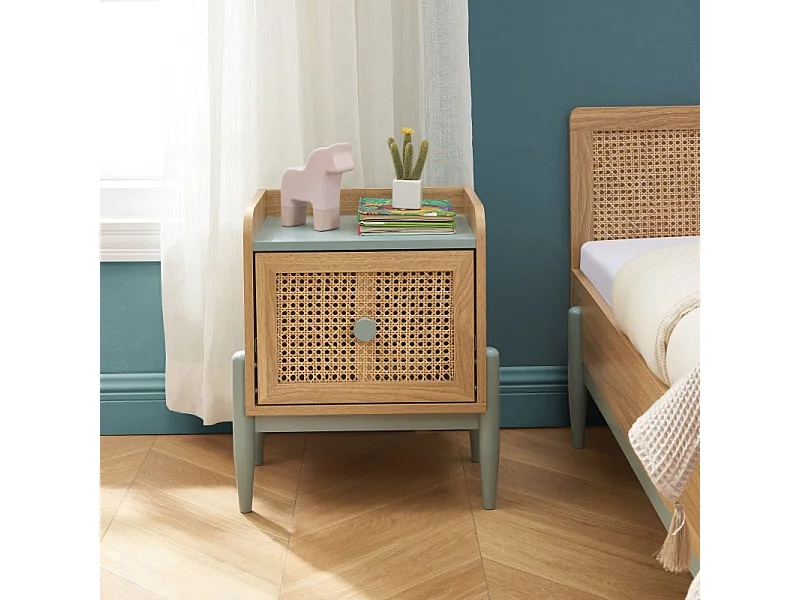 Table de chevet PABLO bleu et cannage rotin 40cm