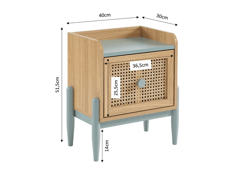 Table de chevet PABLO bleu et cannage rotin 40cm