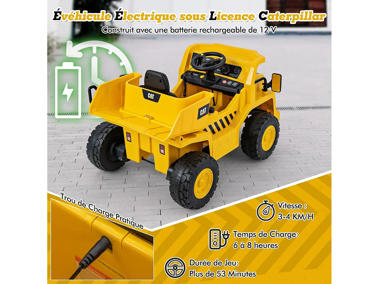 Camion Électrique Caterpillar 12V avec Benne Basculante, Télécommande, Musique & Pelle pour Enfants 3-6 Ans