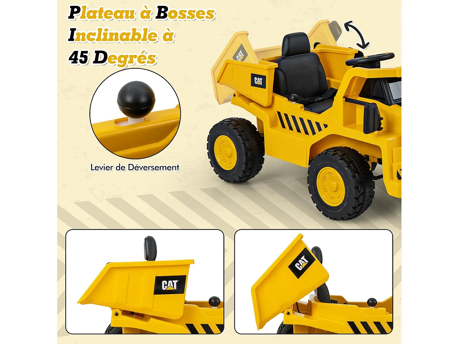Camion Électrique Caterpillar 12V avec Benne Basculante, Télécommande, Musique & Pelle pour Enfants 3-6 Ans