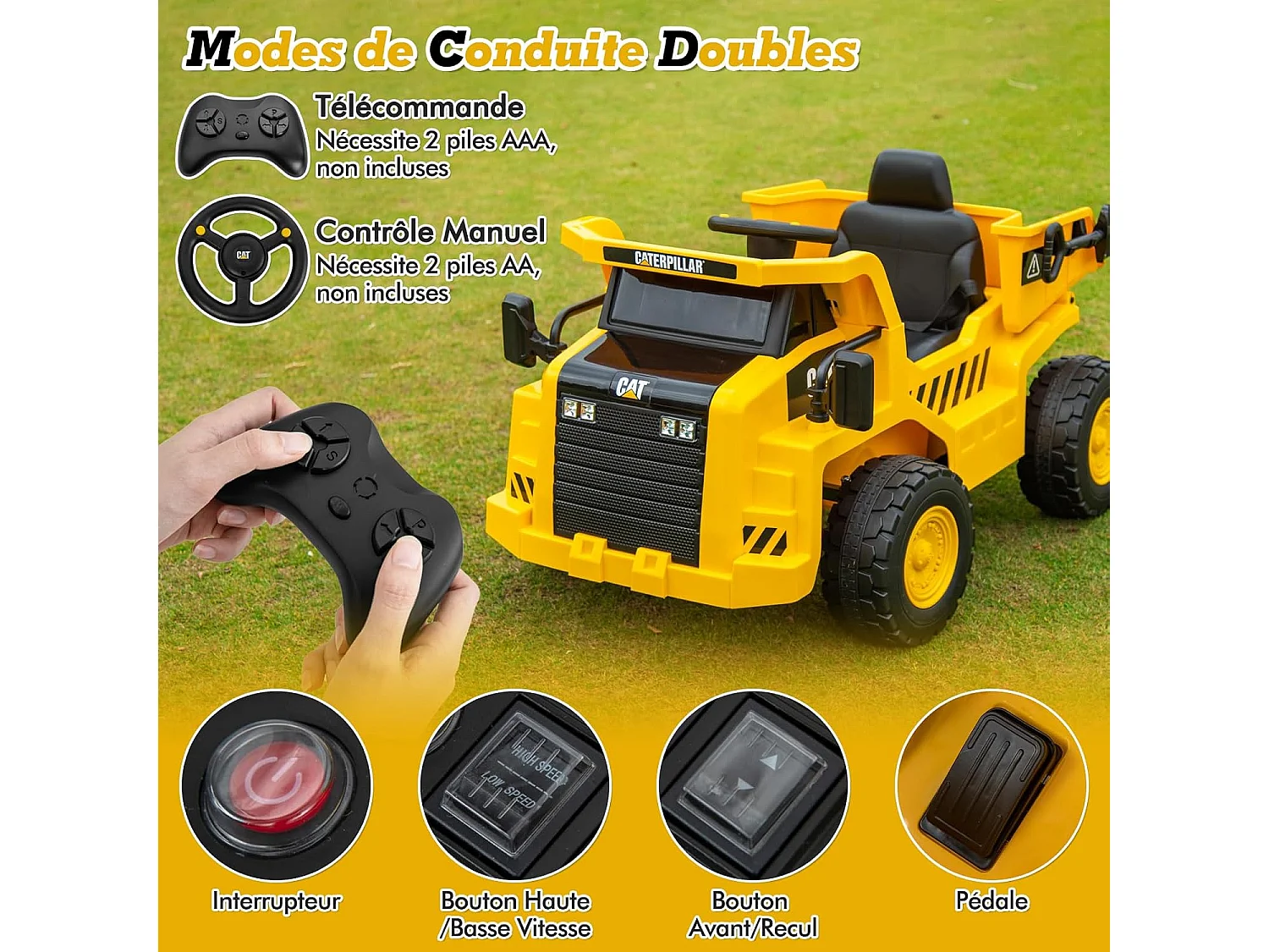 Camion Électrique Caterpillar 12V avec Benne Basculante, Télécommande, Musique & Pelle pour Enfants 3-6 Ans