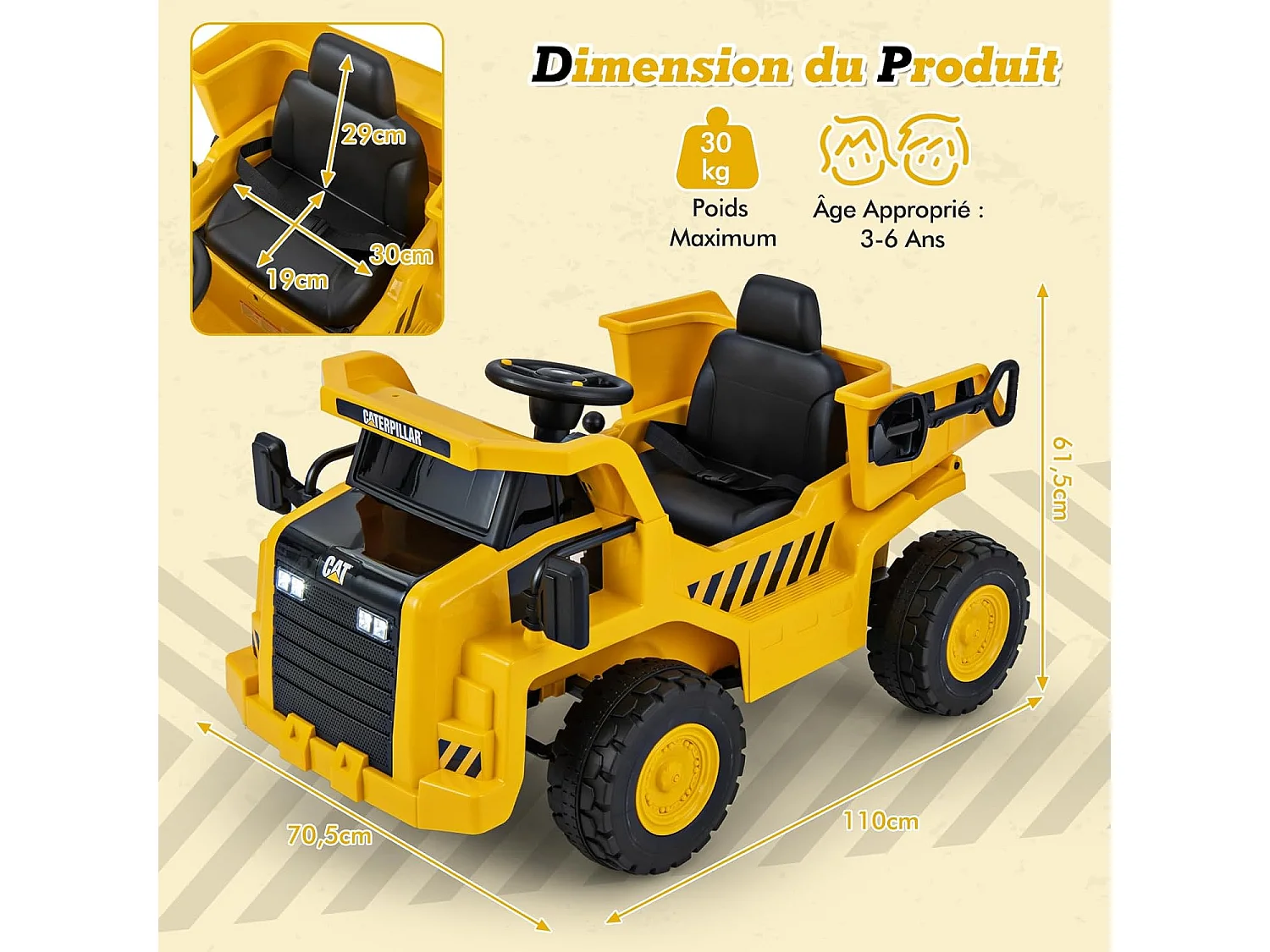 Camion Électrique Caterpillar 12V avec Benne Basculante, Télécommande, Musique & Pelle pour Enfants 3-6 Ans