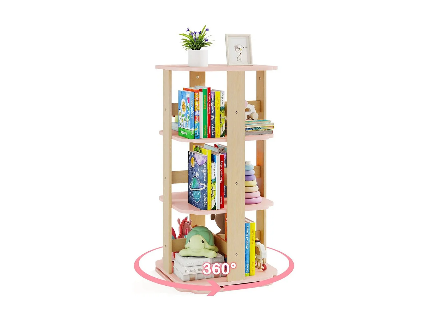 Libreria per bambini ruotabile a 360° Scaffale per giocattoli a 3 livelli con 12 scomparti 48 x 48 x 95,5 cm Rosa