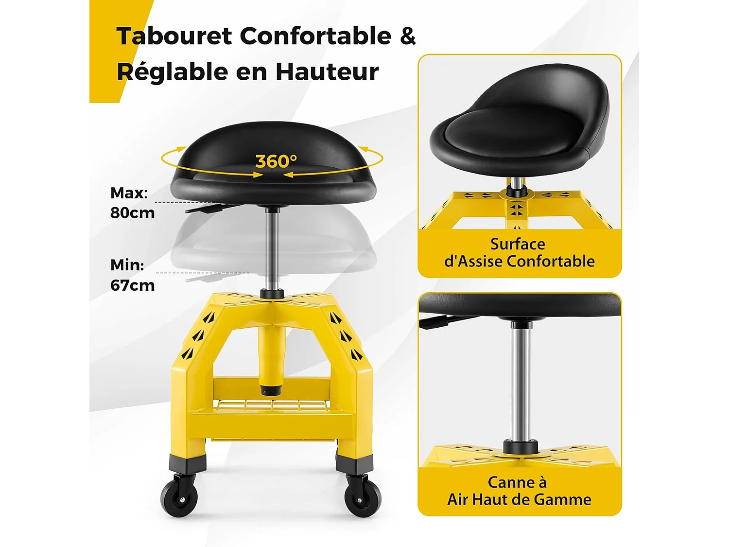 Tabouret Mécanicien Roulant Jaune avec 4 Roues Universelles, Siège Ergonomique Réglable 66,5-79,5 cm et Plateau Outils