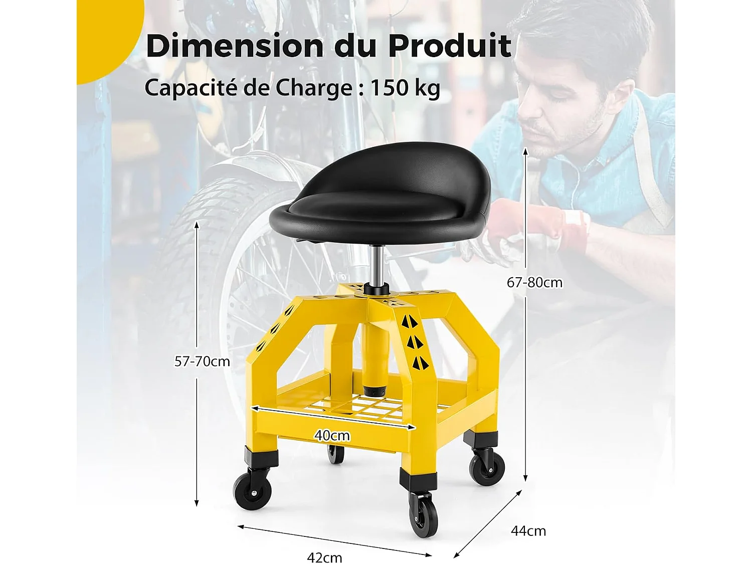 Tabouret Mécanicien Roulant Jaune avec 4 Roues Universelles, Siège Ergonomique Réglable 66,5-79,5 cm et Plateau Outils