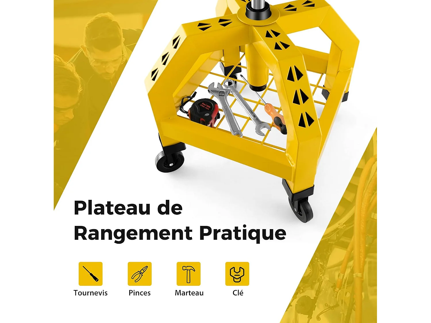 Tabouret Mécanicien Roulant Jaune avec 4 Roues Universelles, Siège Ergonomique Réglable 66,5-79,5 cm et Plateau Outils