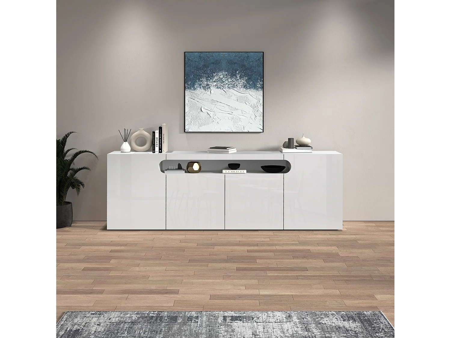 Credenza Real con 4 ante e 1 vano aperto bianco lucido 200x40x80 cm