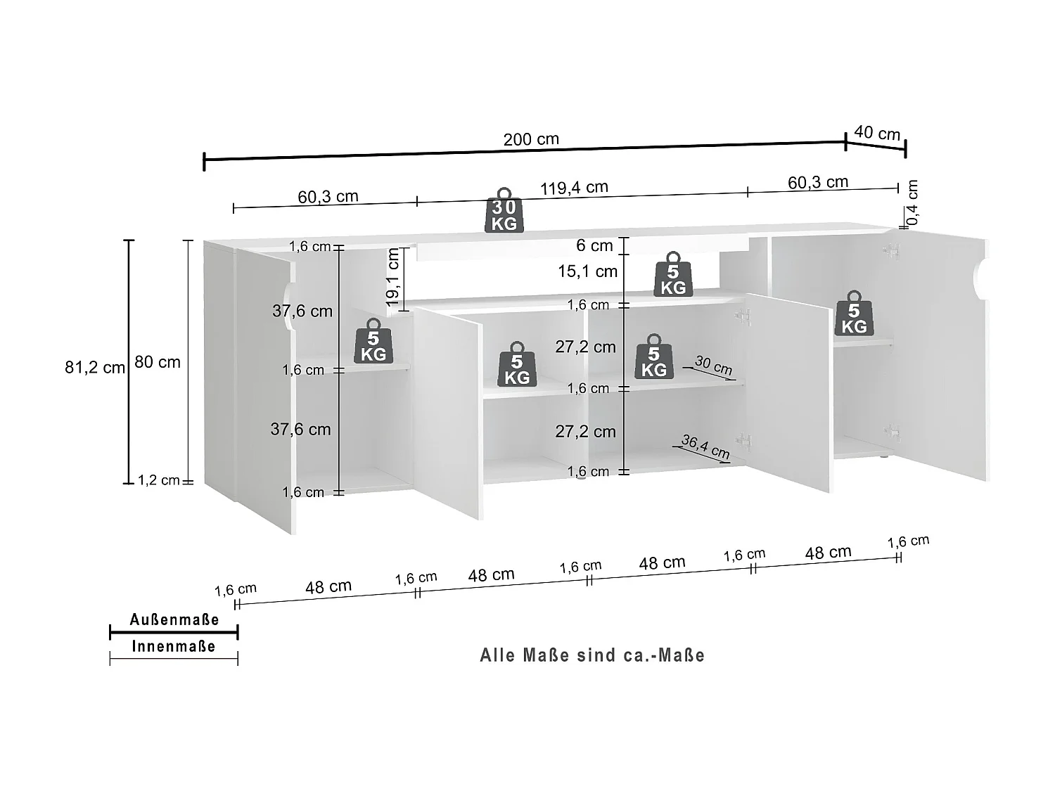 Credenza Real con 4 ante e 1 vano aperto bianco lucido 200x40x80 cm