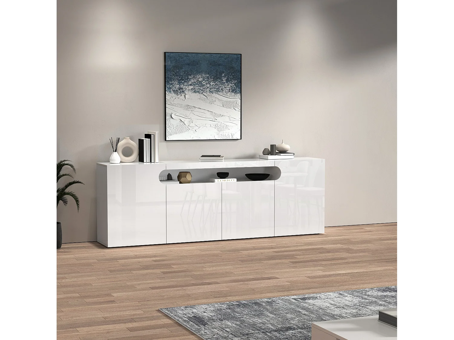 Credenza Real con 4 ante e 1 vano aperto bianco lucido 200x40x80 cm
