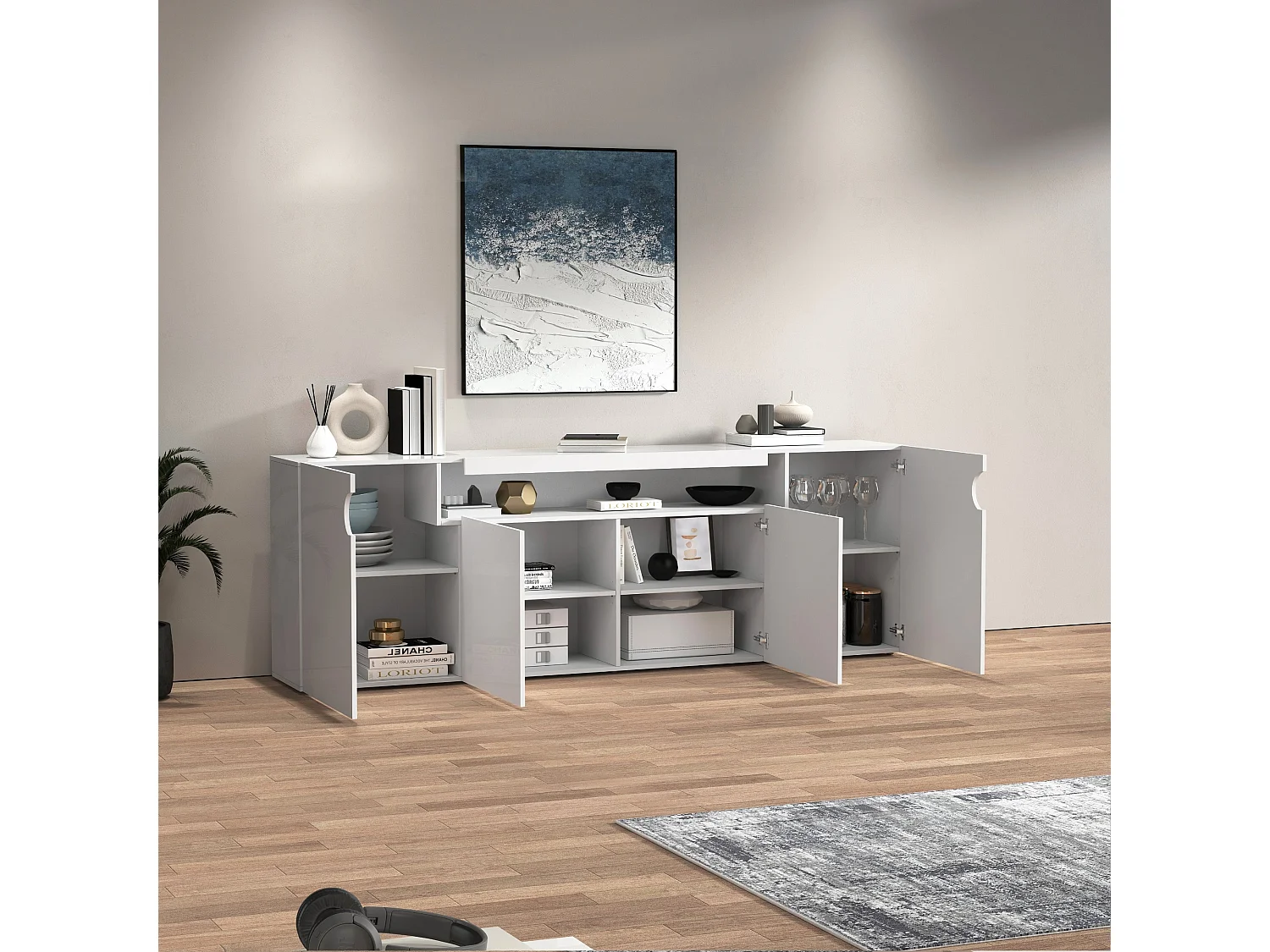 Credenza Real con 4 ante e 1 vano aperto bianco lucido 200x40x80 cm