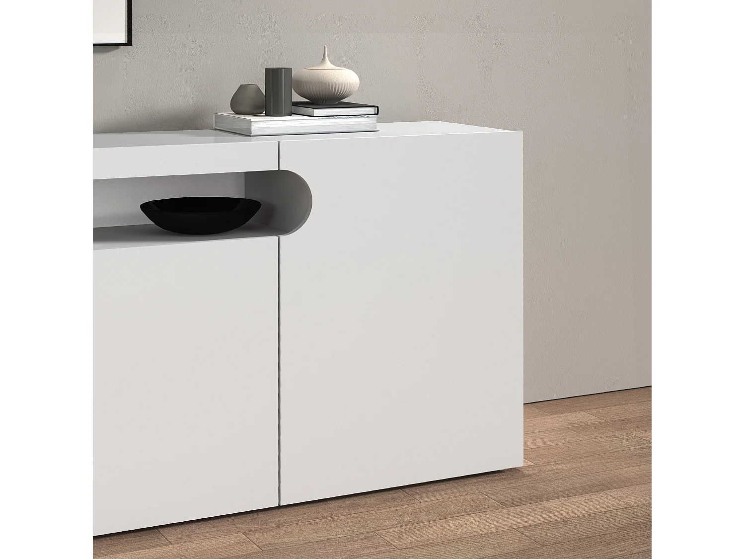 Credenza Real con 4 ante e 1 vano aperto bianco lucido 200x40x80 cm