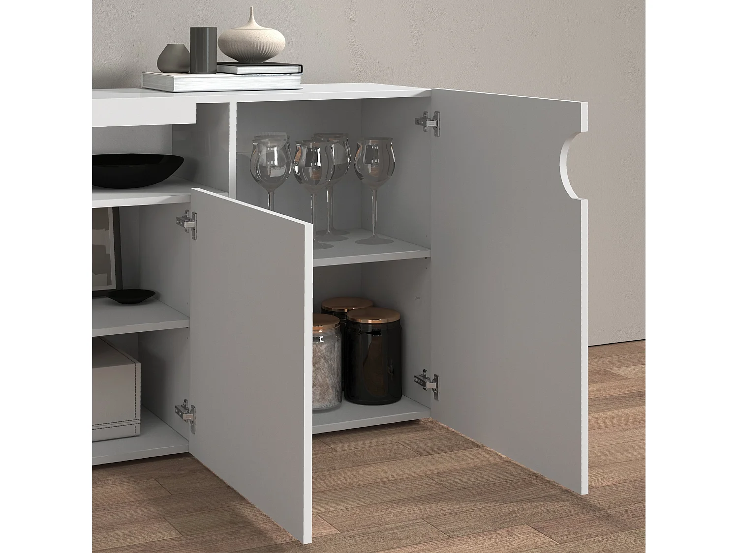 Credenza Real con 4 ante e 1 vano aperto bianco lucido 200x40x80 cm