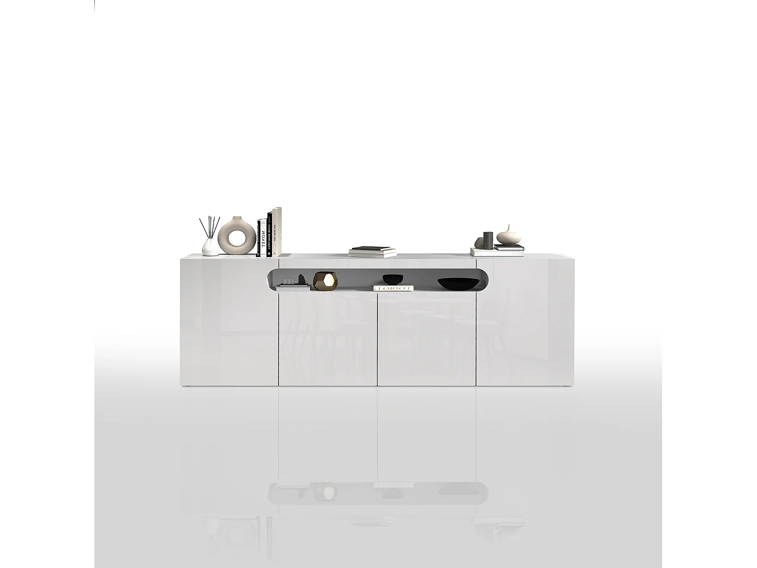 Credenza Real con 4 ante e 1 vano aperto bianco lucido 200x40x80 cm