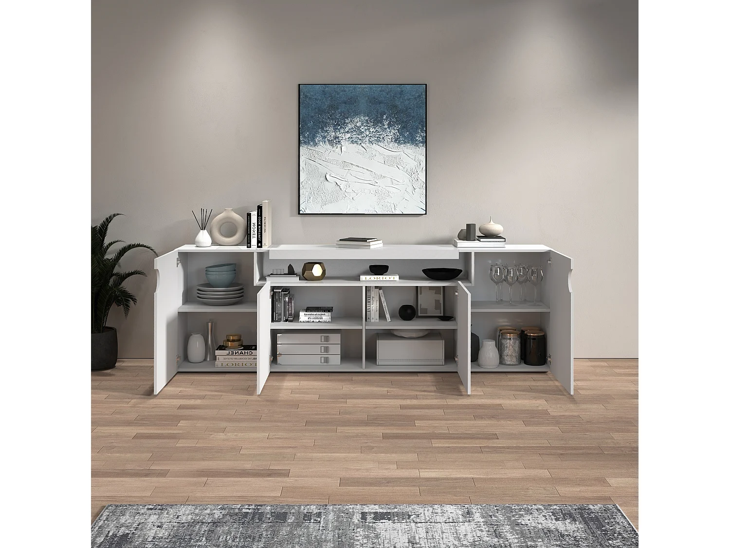 Credenza Real con 4 ante e 1 vano aperto bianco lucido 200x40x80 cm