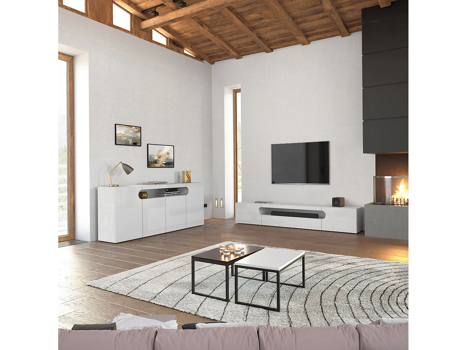 Credenza Real con 4 ante e 1 vano aperto bianco lucido 200x40x80 cm