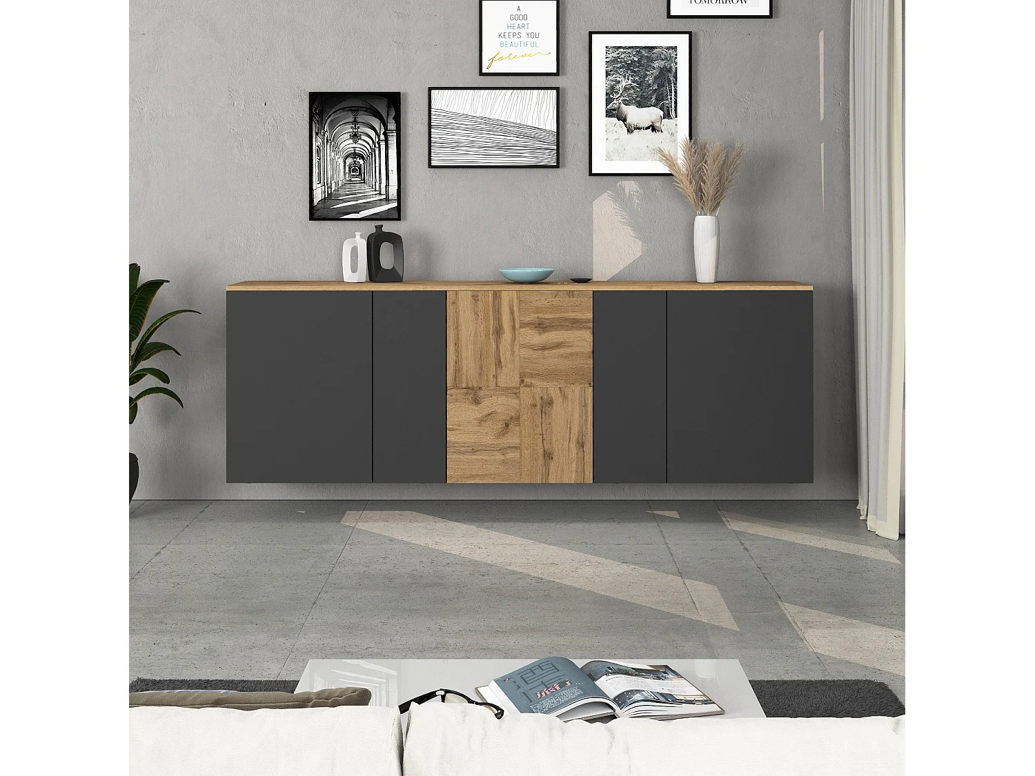 Credenza sospesa Iseo con 5 ante e 10 scomparti interni antracite opaco e rovere 200x35x70 cm