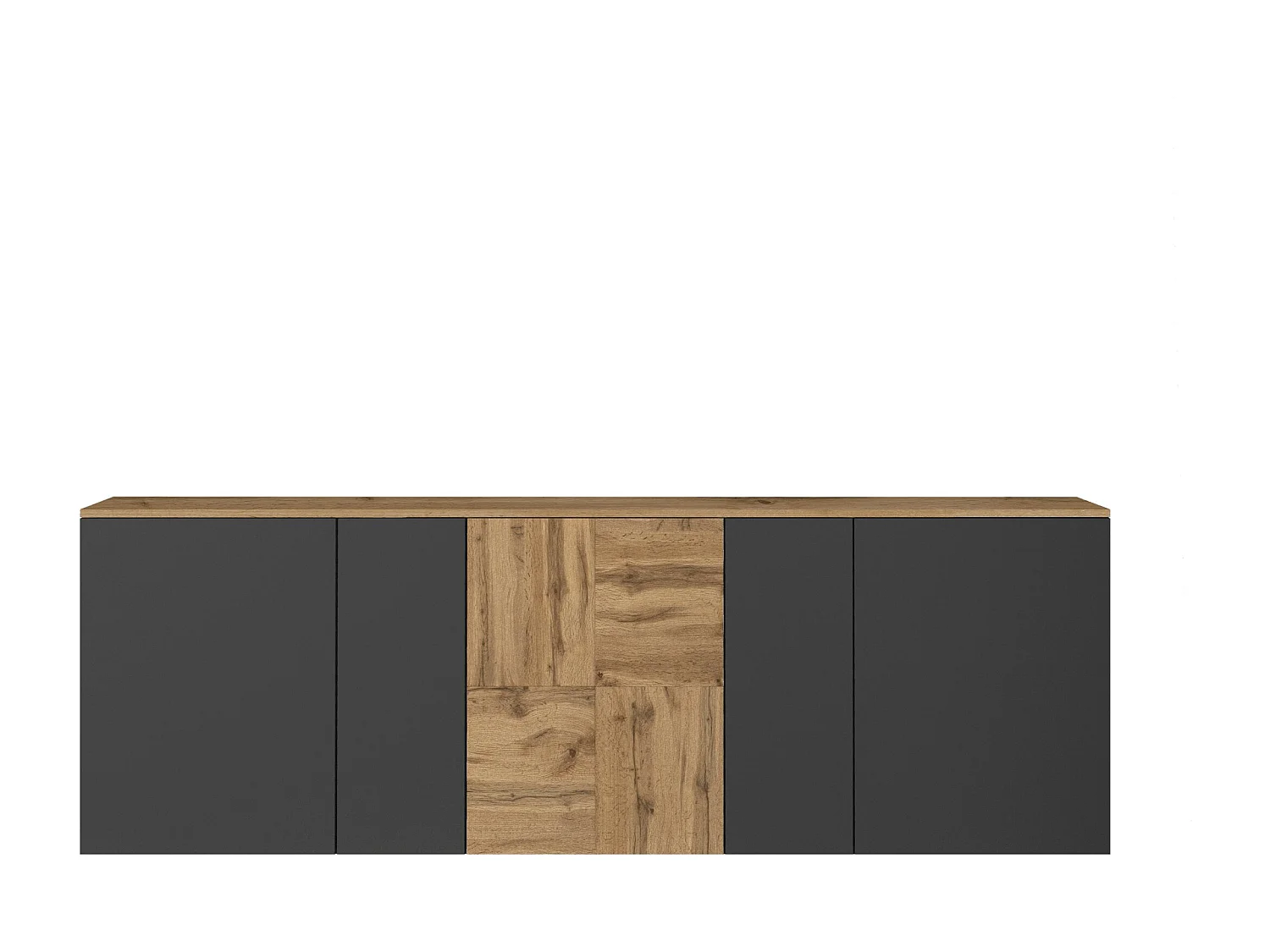 Credenza sospesa Iseo con 5 ante e 10 scomparti interni antracite opaco e rovere 200x35x70 cm