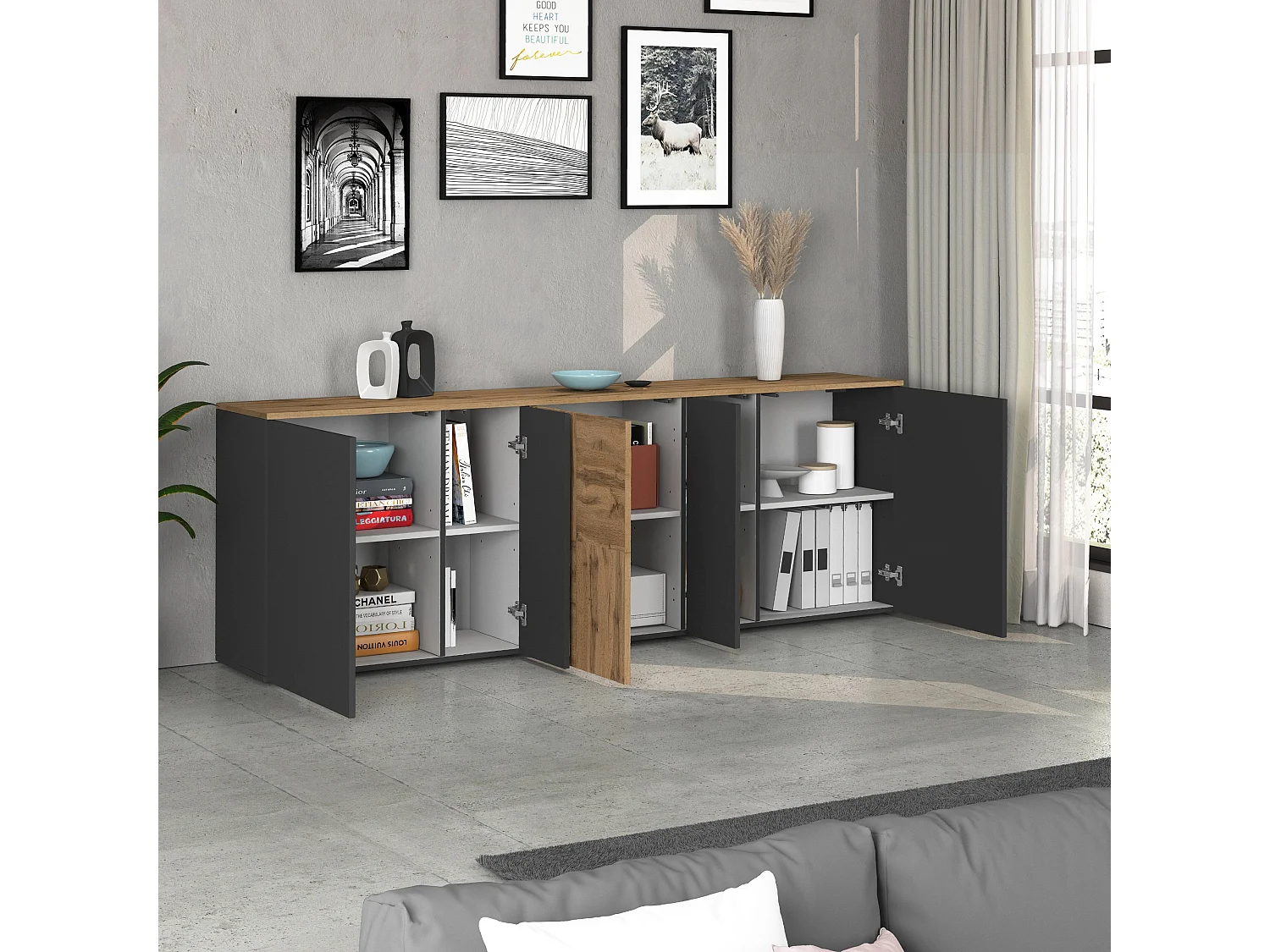 Credenza sospesa Iseo con 5 ante e 10 scomparti interni antracite opaco e rovere 200x35x70 cm