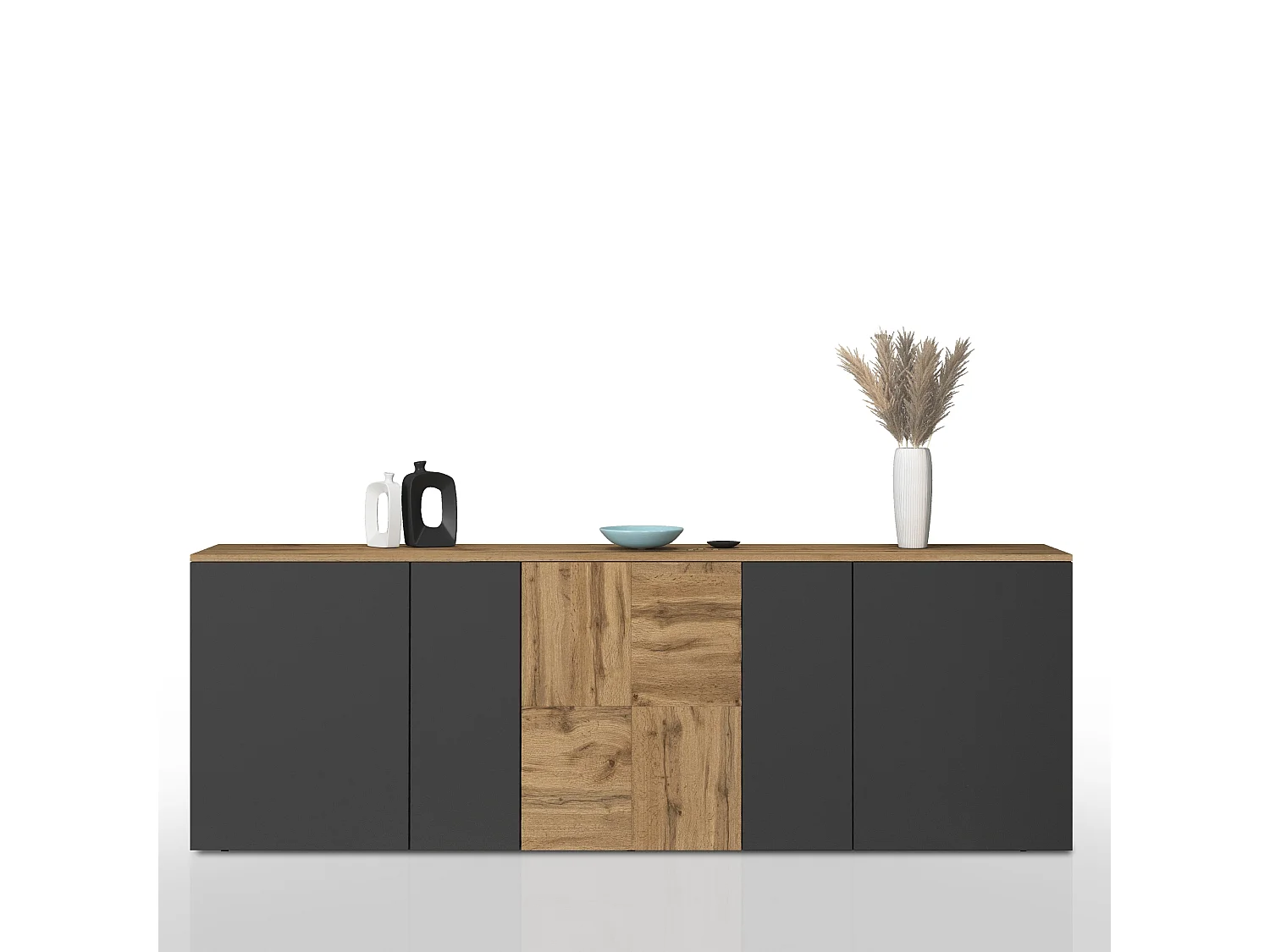 Credenza sospesa Iseo con 5 ante e 10 scomparti interni antracite opaco e rovere 200x35x70 cm