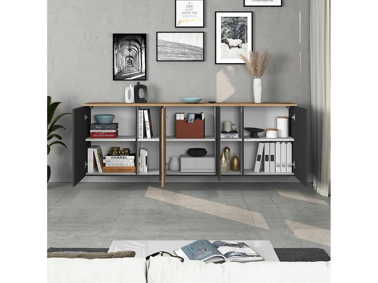 Credenza sospesa Iseo con 5 ante e 10 scomparti interni antracite opaco e rovere 200x35x70 cm