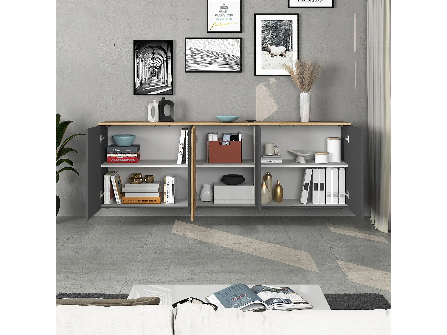 Credenza sospesa Iseo con 5 ante e 6 scomparti interni antracite opaco e rovere 200x35x70 cm