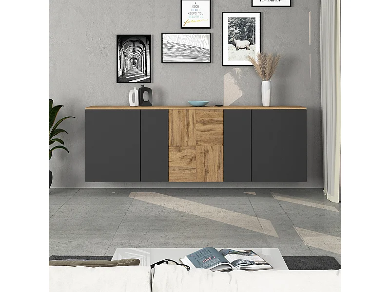 Credenza sospesa Iseo con 5 ante e 10 scomparti interni antracite opaco e rovere 200x35x70 cm
